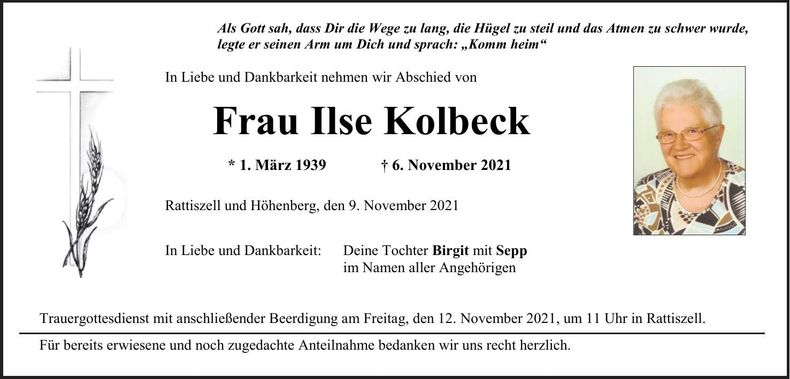 Traueranzeige Ilse Kolbeck