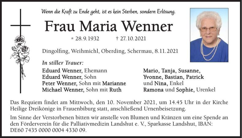 Traueranzeige Maria Wenner