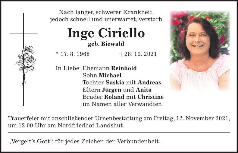 Traueranzeige Inge Ciriello