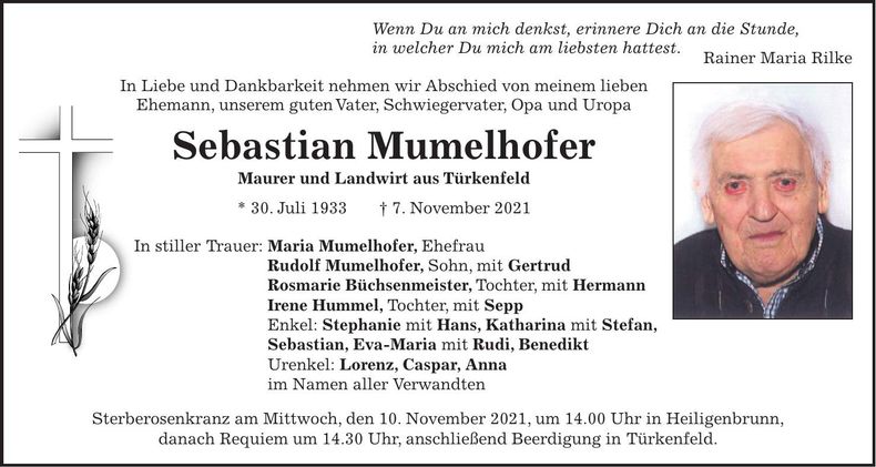 Traueranzeige Sebastian Mumelhofer
