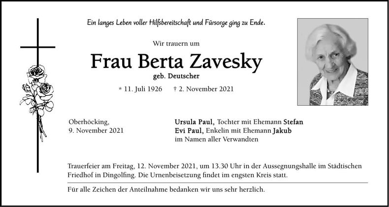 Traueranzeige Berta Zavesky