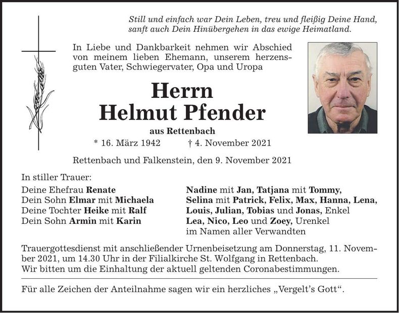 Traueranzeige Helmut Pfender