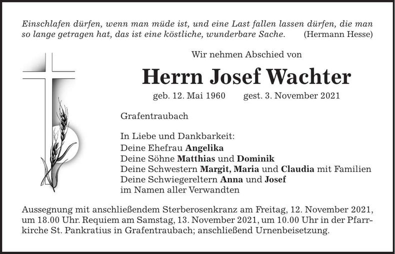 Traueranzeige Josef Wachter