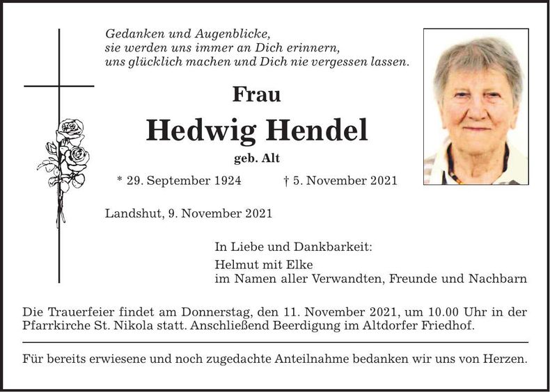Traueranzeige Hedwig Hendel