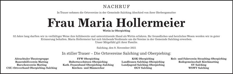 Traueranzeige Maria Hollermeier