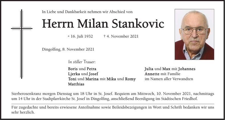 Traueranzeige Milan Stankovic