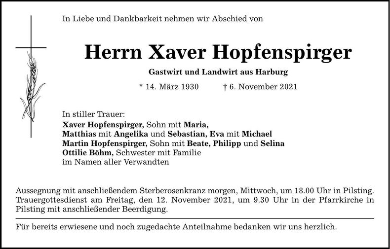 Traueranzeige Xaver Hopfenspirger