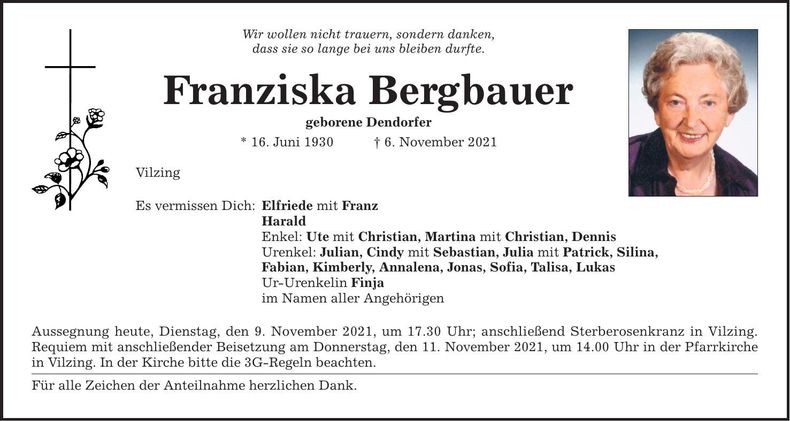 Traueranzeige Franziska Bergbauer