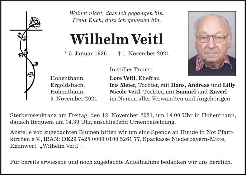 Traueranzeige Wilhelm Veitl