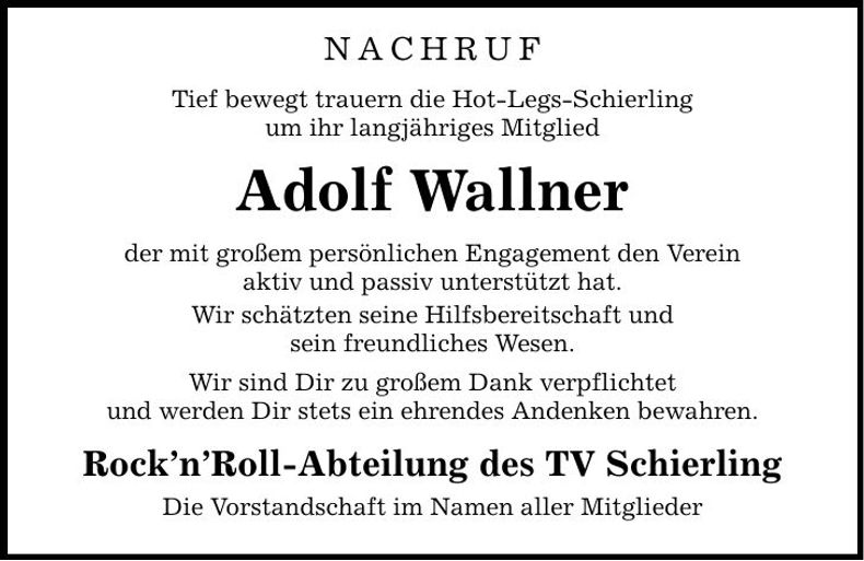 Traueranzeige Adolf Wallner