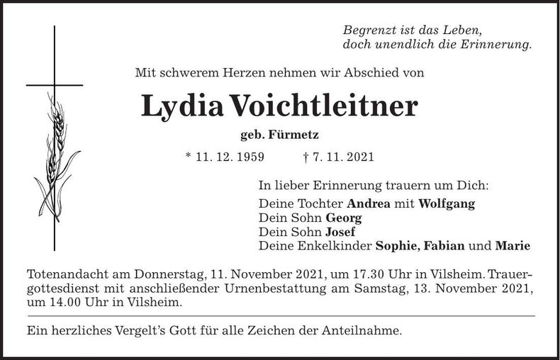 Traueranzeige Lydia Voichtleitner