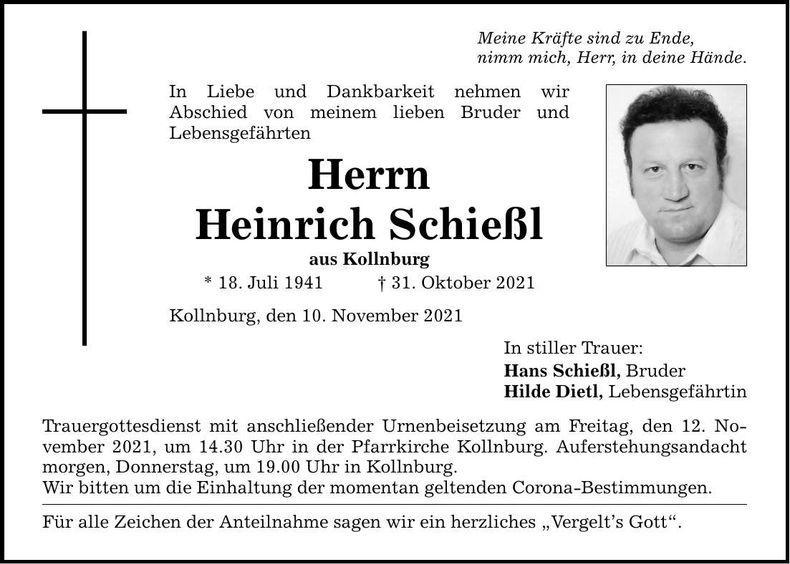 Traueranzeige Heinrich Schießl