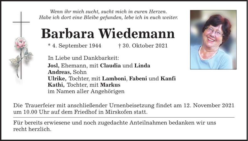 Traueranzeige Barbara Wiedemann