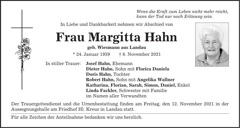Traueranzeige Margitta Hahn