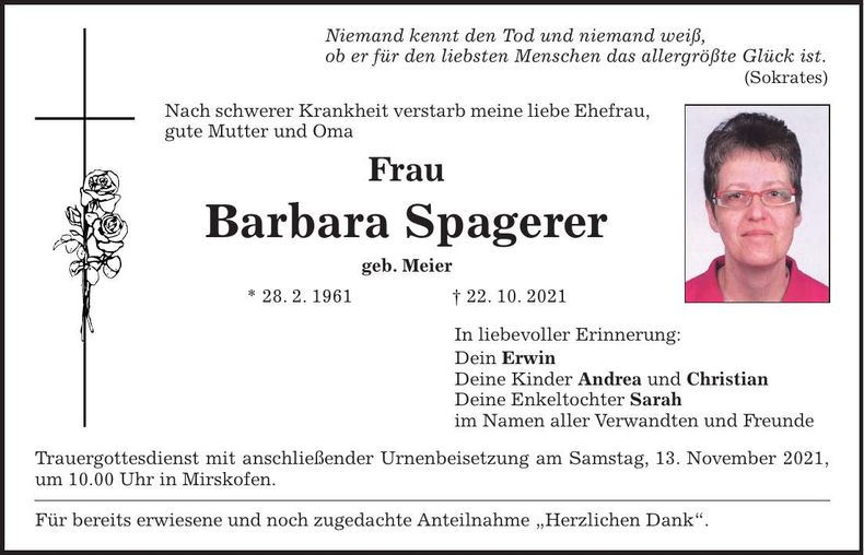 Traueranzeige Barbara Spagerer