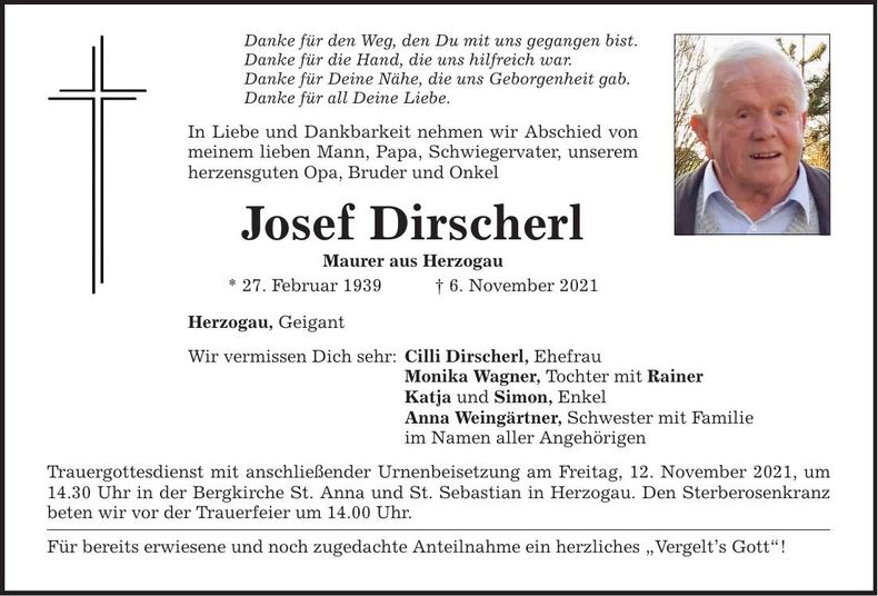 Traueranzeige Josef Dirscherl
