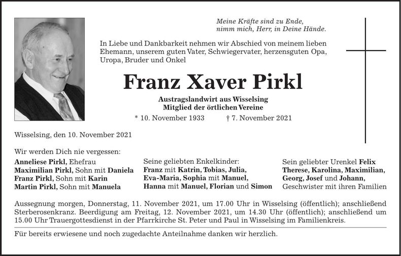 Traueranzeige Xaver Pirkl