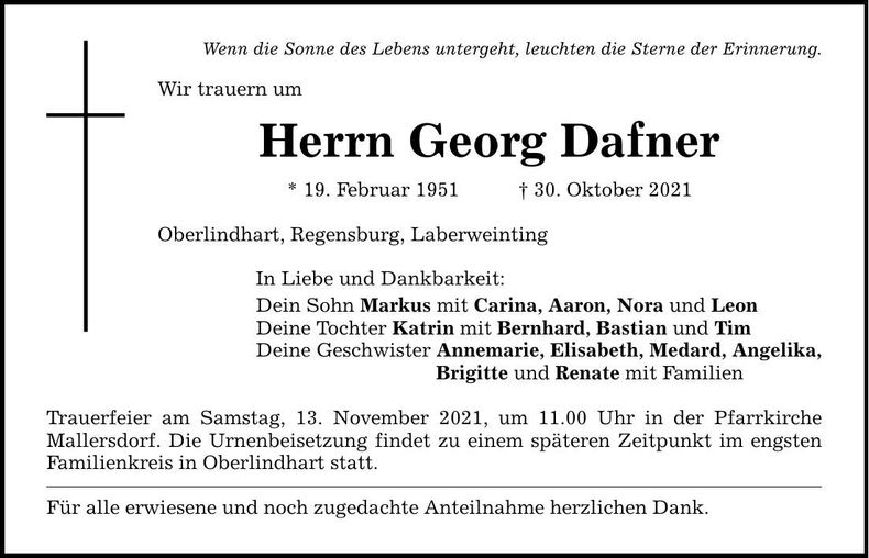 Traueranzeige Georg Dafner
