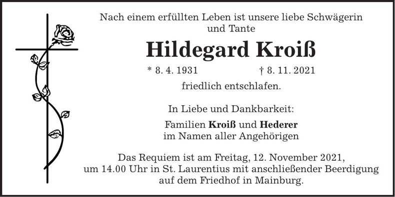 Traueranzeige Hildegard Kroiß