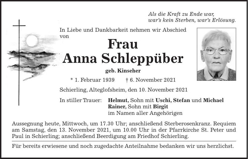Traueranzeige Anna Schleppüber