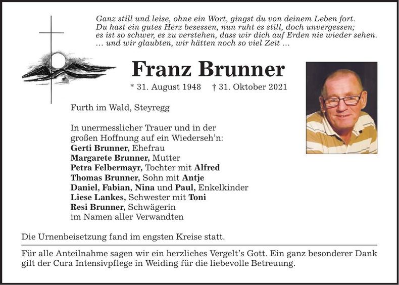 Traueranzeige Franz Brunner