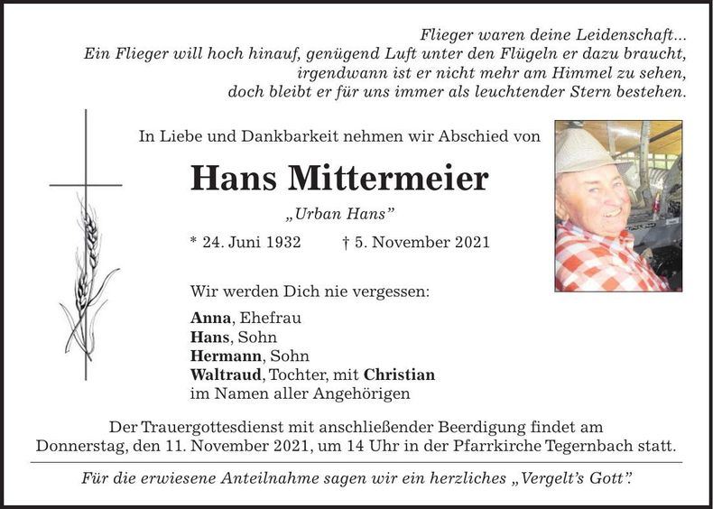 Traueranzeige Hans Mittermeier