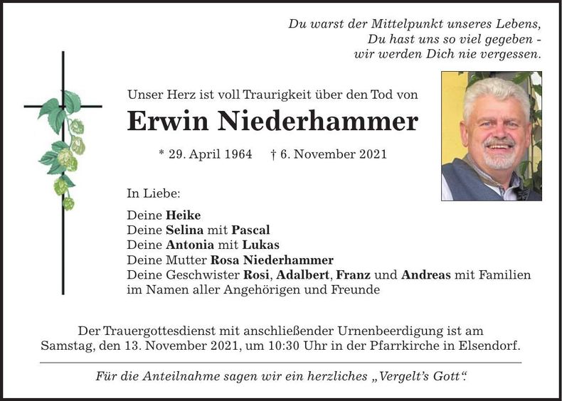Traueranzeige Erwin Niederhammer