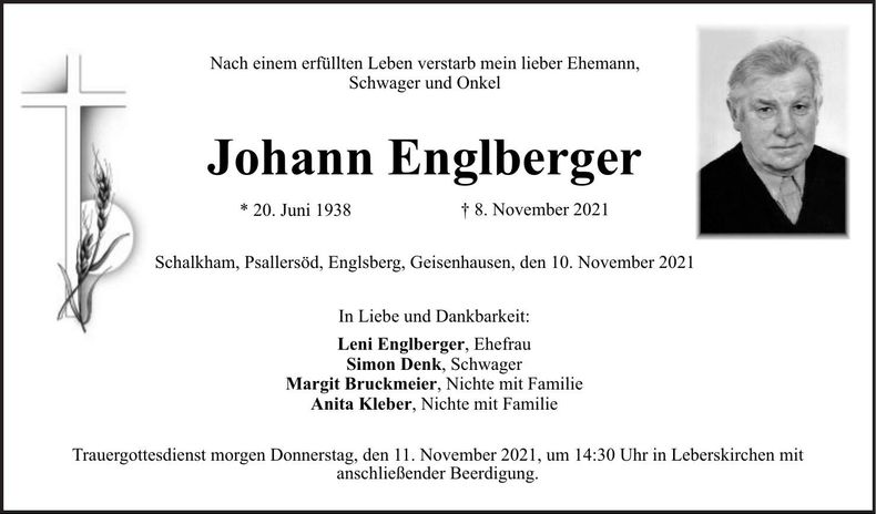 Traueranzeige Johann Englberger