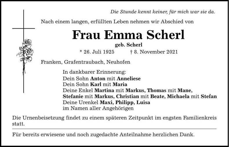 Traueranzeige Emma Scherl