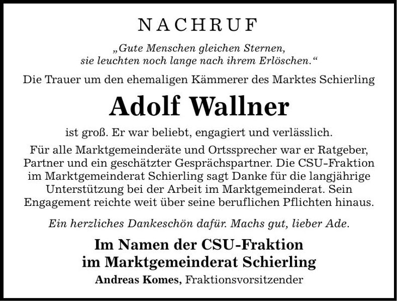 Traueranzeige Adolf Wallner