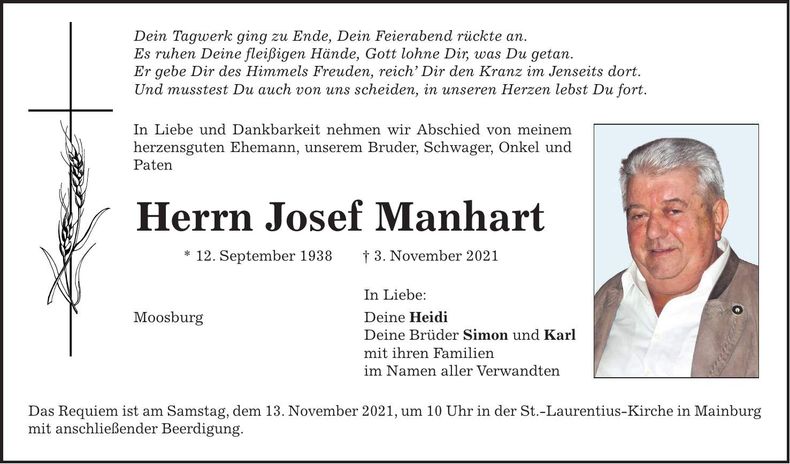 Traueranzeige Josef Manhart