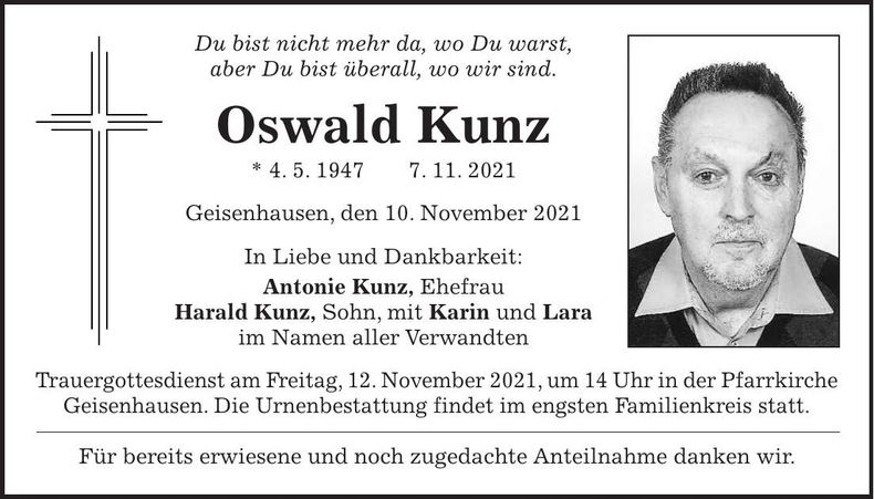 Traueranzeige Oswald Kunz