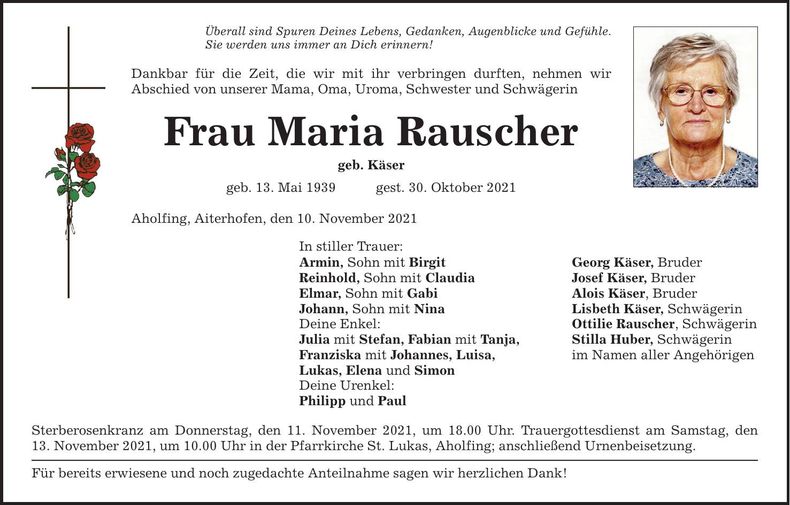 Traueranzeige Maria Rauscher