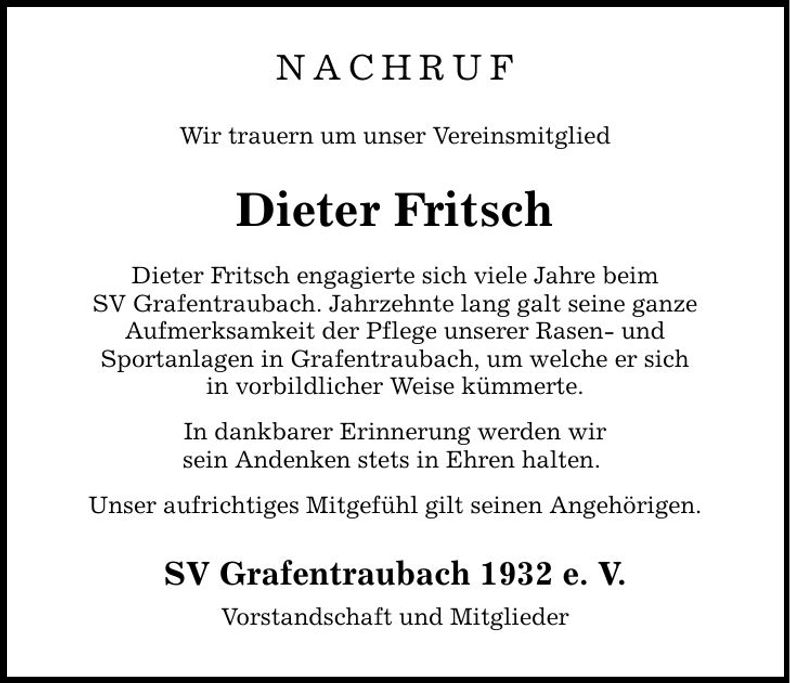 Traueranzeige Dieter Fritsch