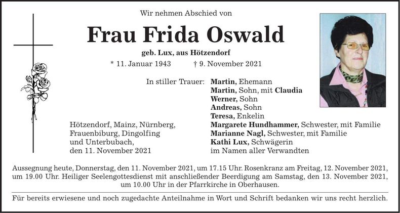 Traueranzeige Frida Oswald