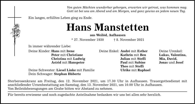 Traueranzeige Hans Manstetten