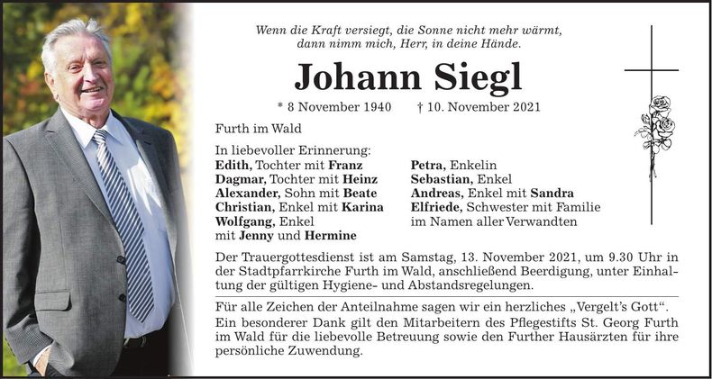 Traueranzeige Johann Siegl
