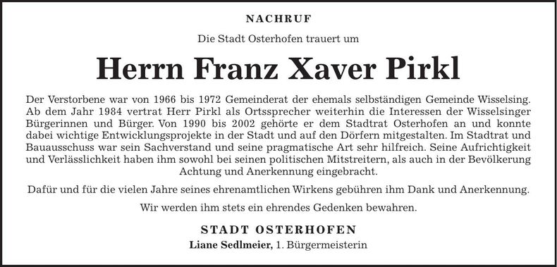 Traueranzeige Franz Xaver Pirkl
