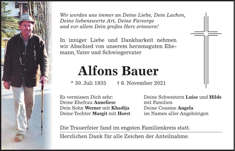 Traueranzeige Alfons Bauer