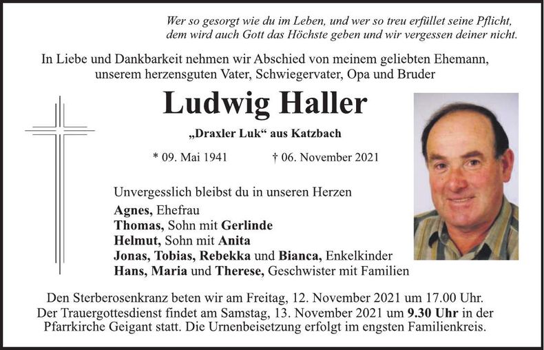 Traueranzeige Ludwig Haller