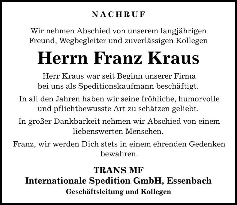 Traueranzeige Franz Kraus