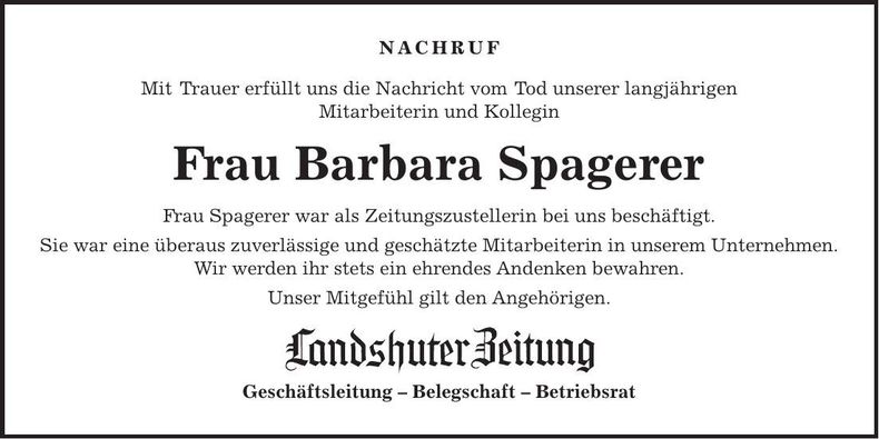 Traueranzeige Barbara Spagerer