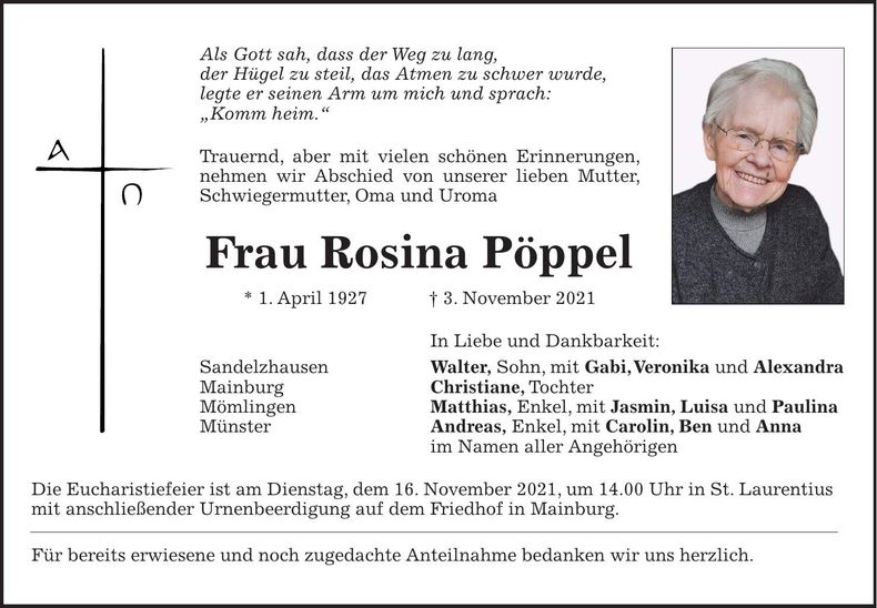 Traueranzeige Rosina Pöppel