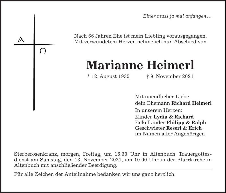 Traueranzeige Marianne Heimerl