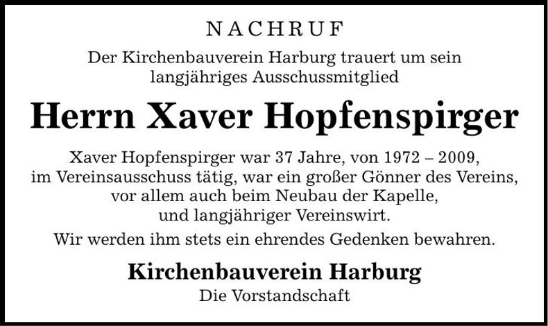 Traueranzeige Xaver Hopfenspirger