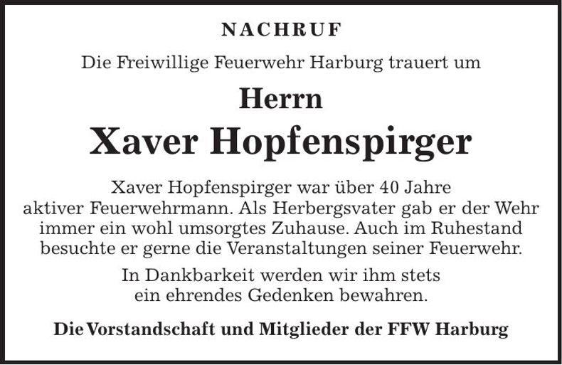 Traueranzeige Xaver Hopfenspirger