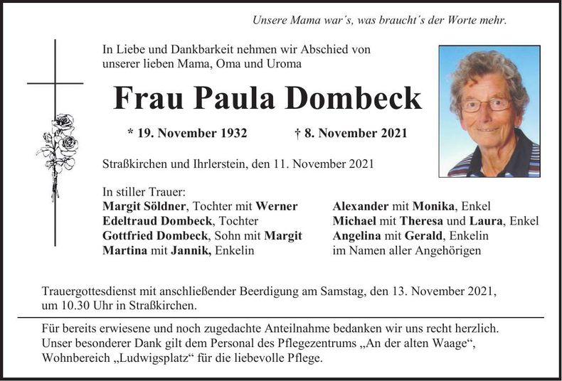 Traueranzeige Paula Dombeck
