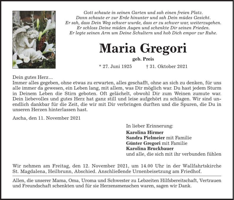 Traueranzeige Maria Gregori