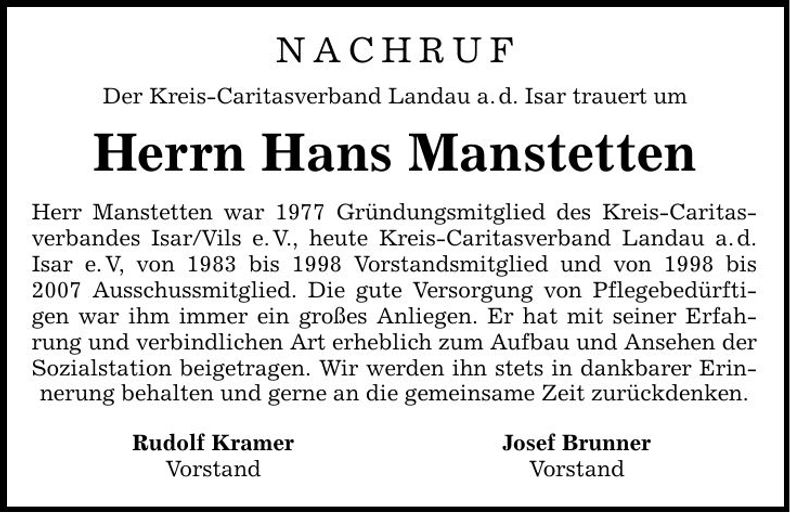 Traueranzeige Hans Manstetten