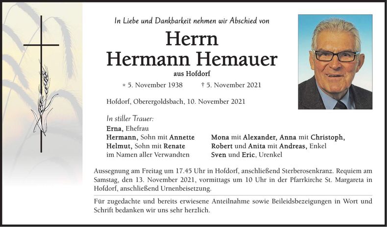 Traueranzeige Hermann Hemauer